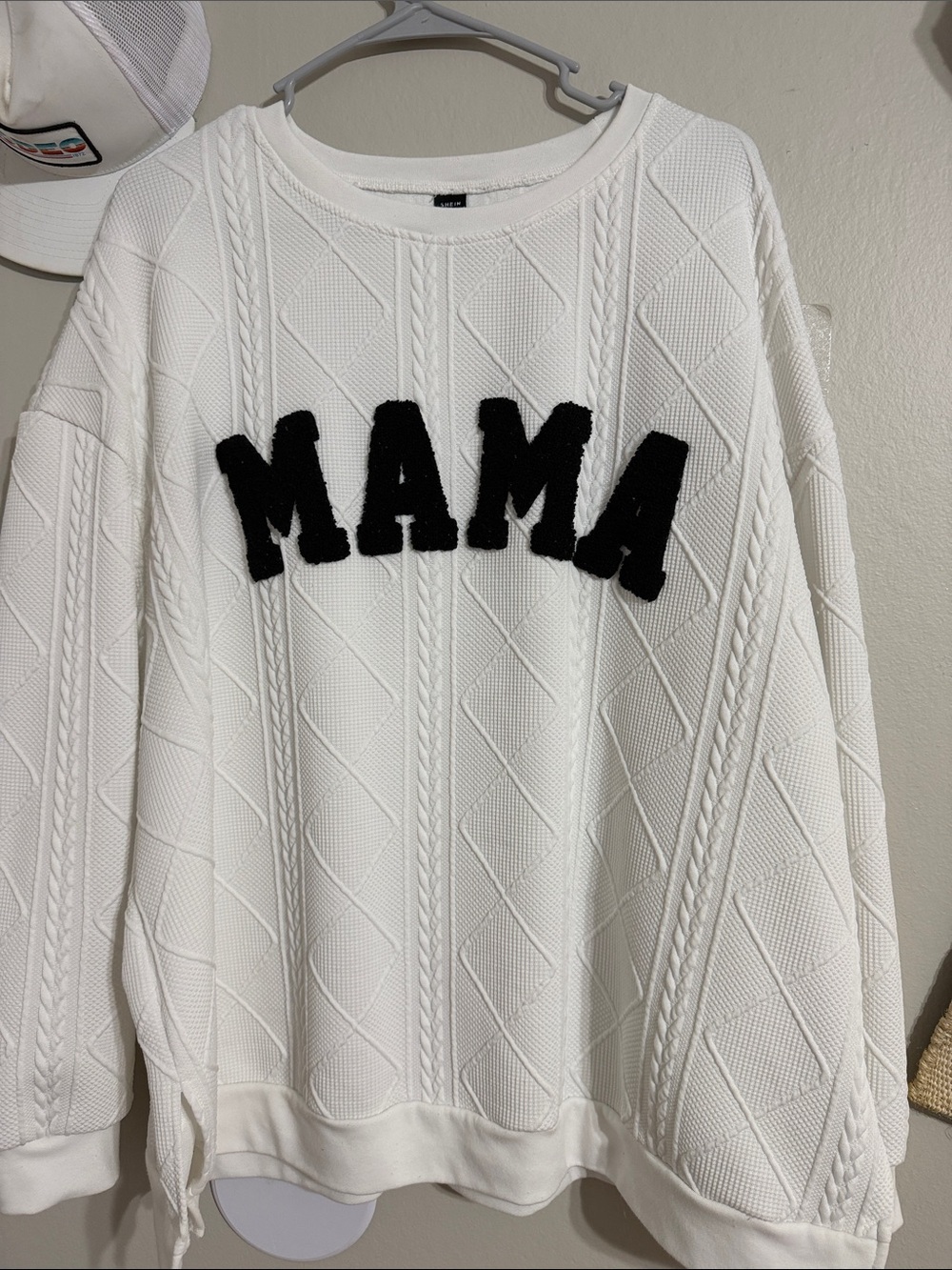 SHEIN White Cable-Knit 'MAMA' Pullover Sweater with Black Lettering